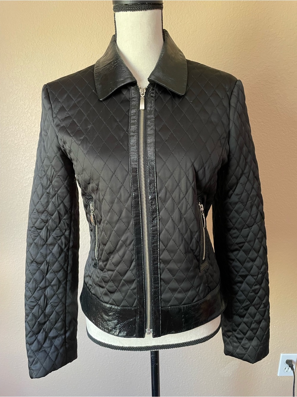 Cache Y2K Designer Quilted Moto Bomber Jacket Real Leather trim Size 6